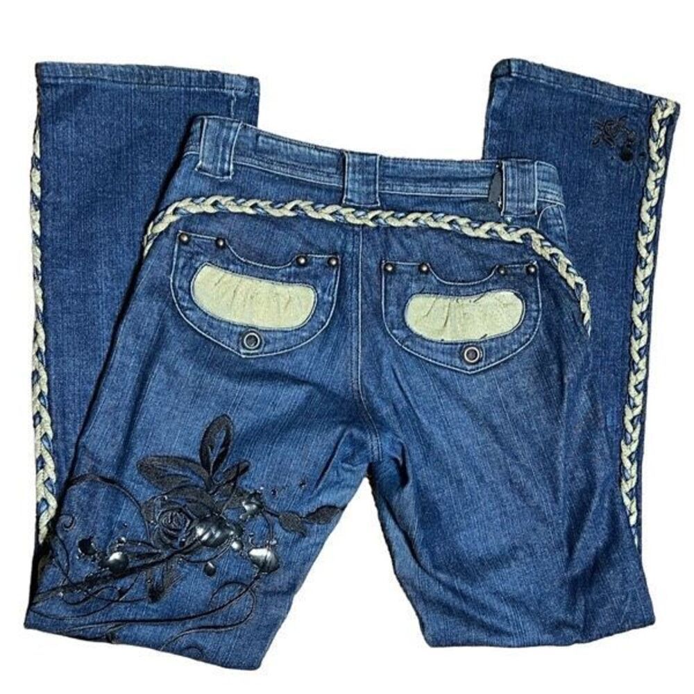 KDNK Wide Leg Studded and Embroidered Jeans Braided Trim Size 27